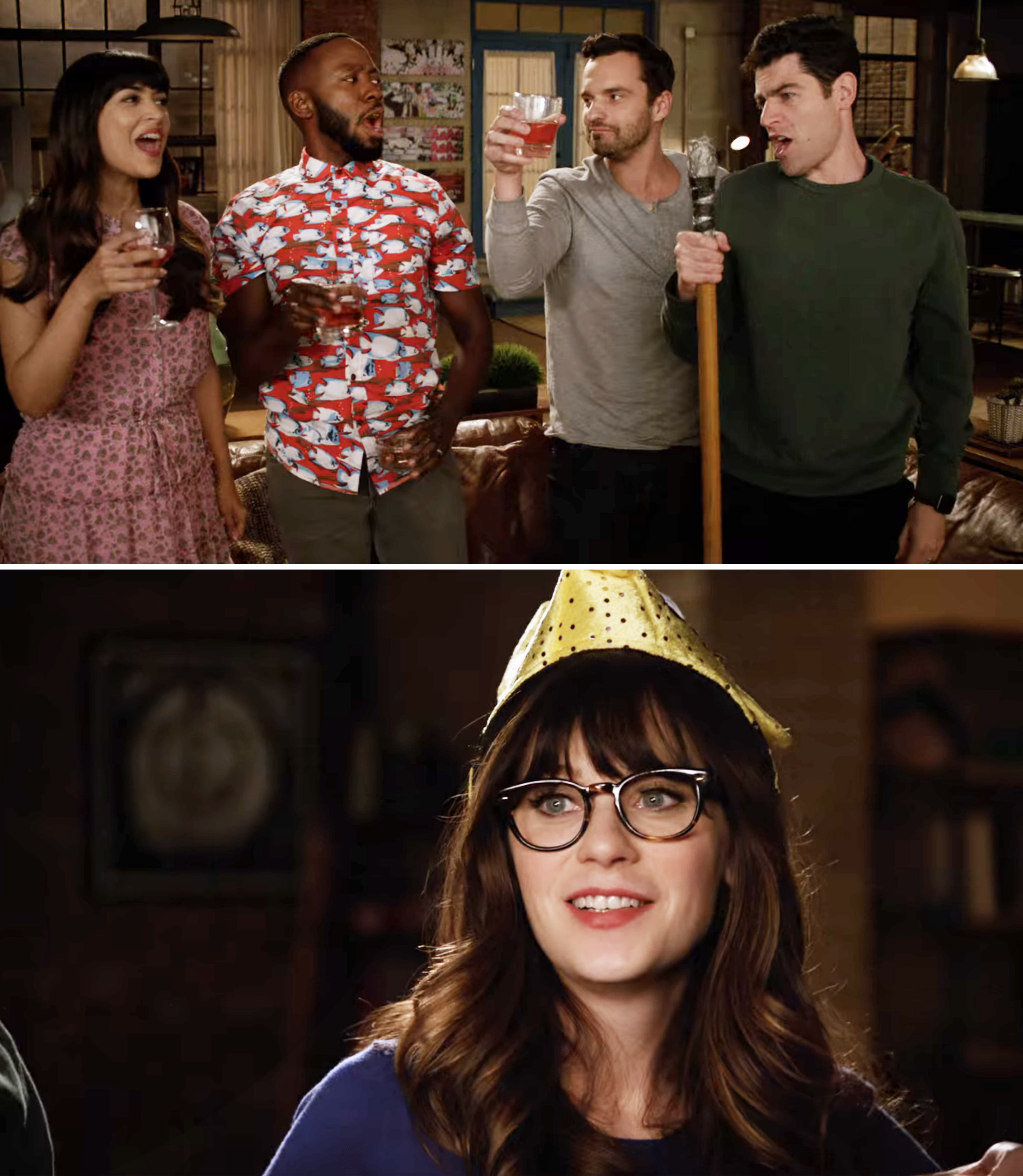 New Girl characters holding up glasses together, and Jessica Day wearing a party hat