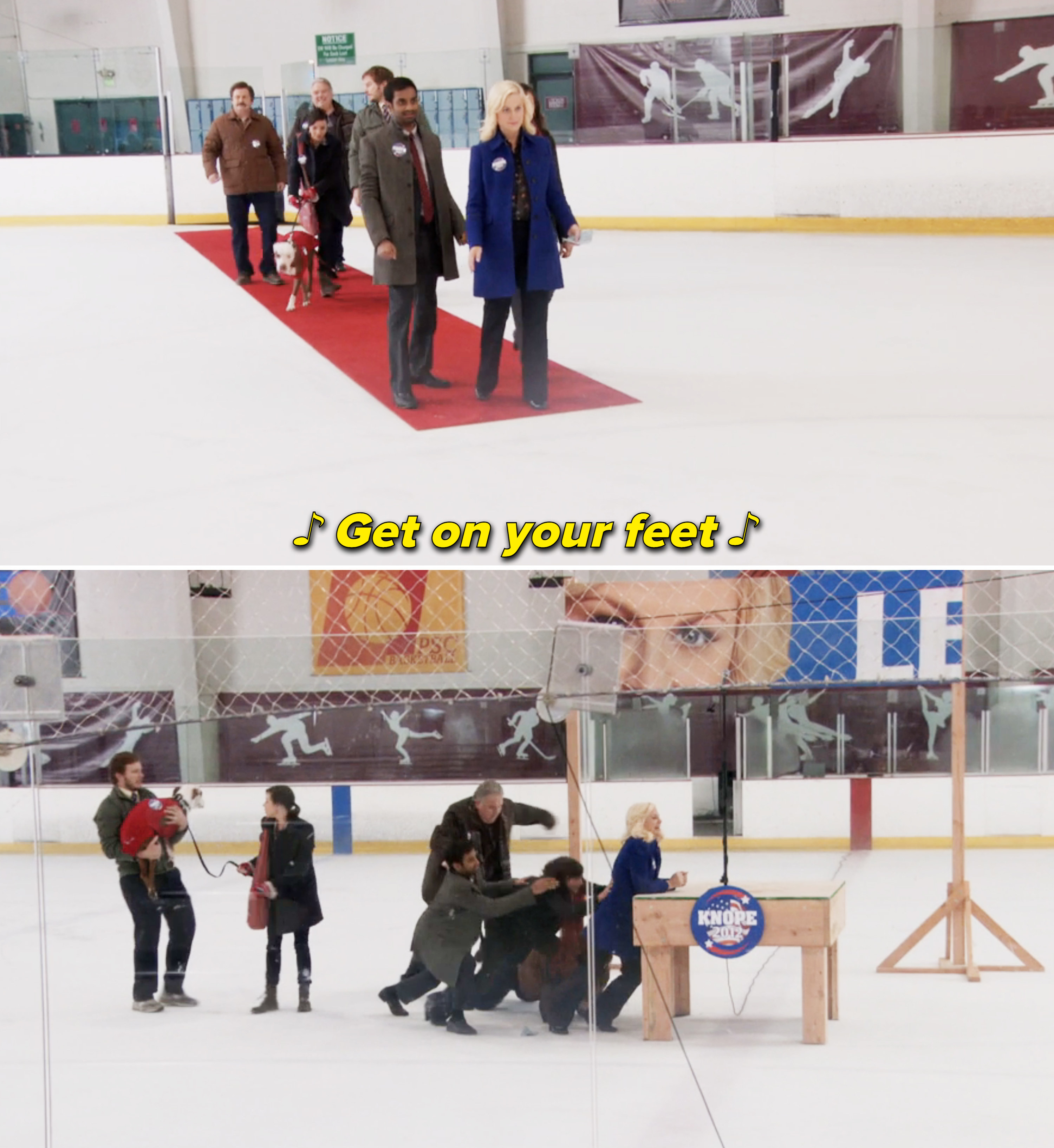 Cast members in a skating rink