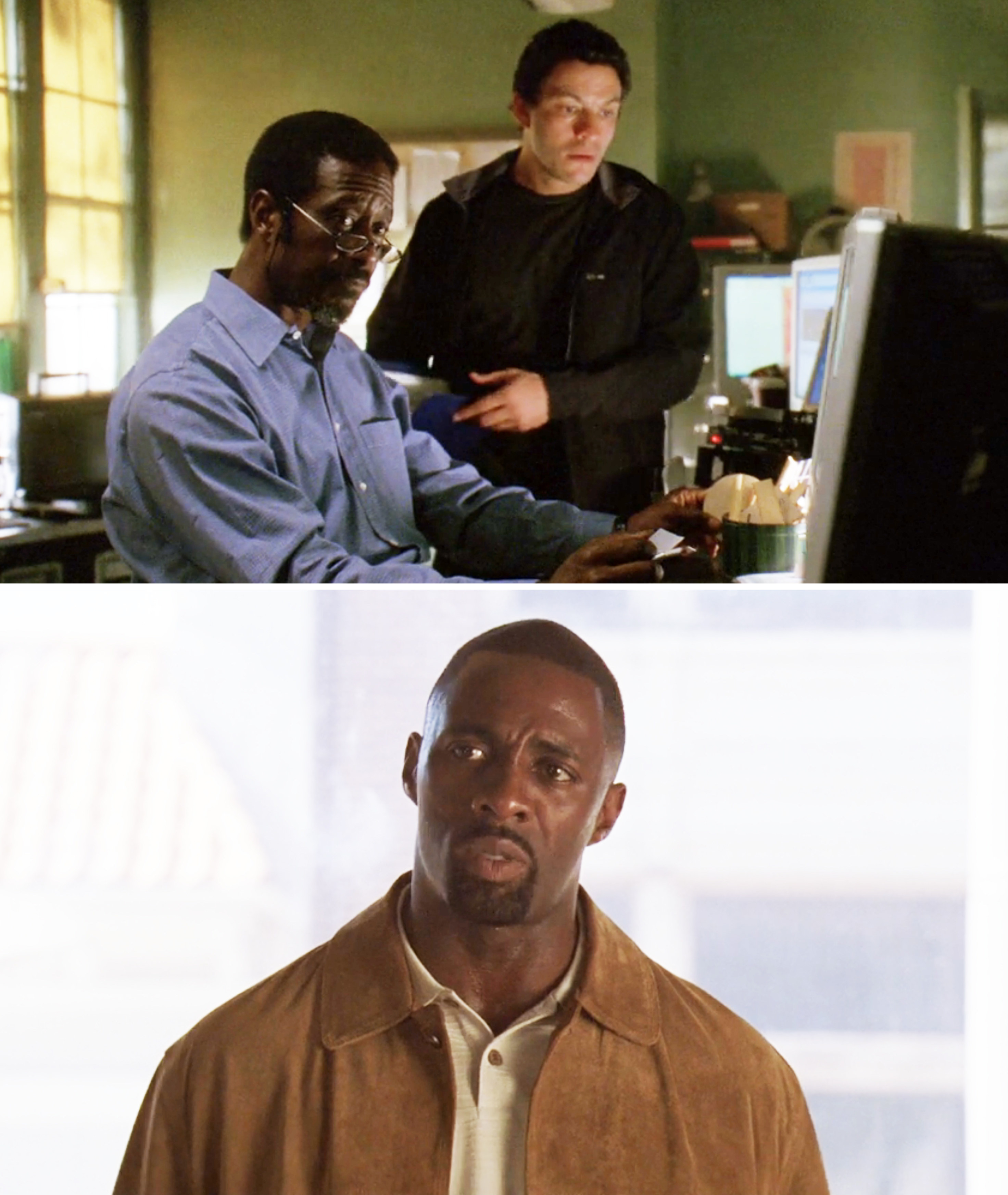 Police officers at a computer screen, and Stringer Bell looking serious