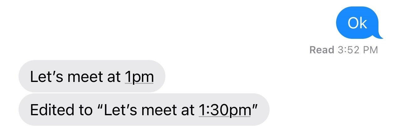 Two texts read "let's meet at 1pm" followed by "edited to 'let's meet at 1:30pm'"