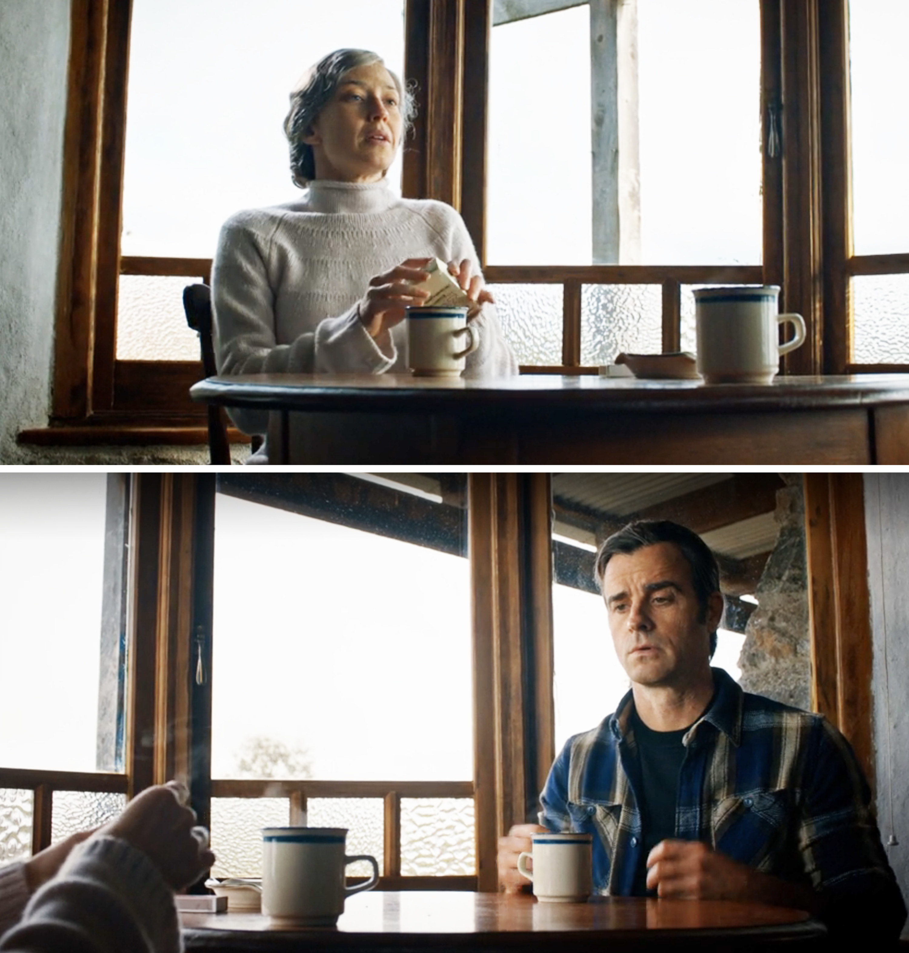 Nora Durst and Kevin Garvey sitting at a table and having coffee