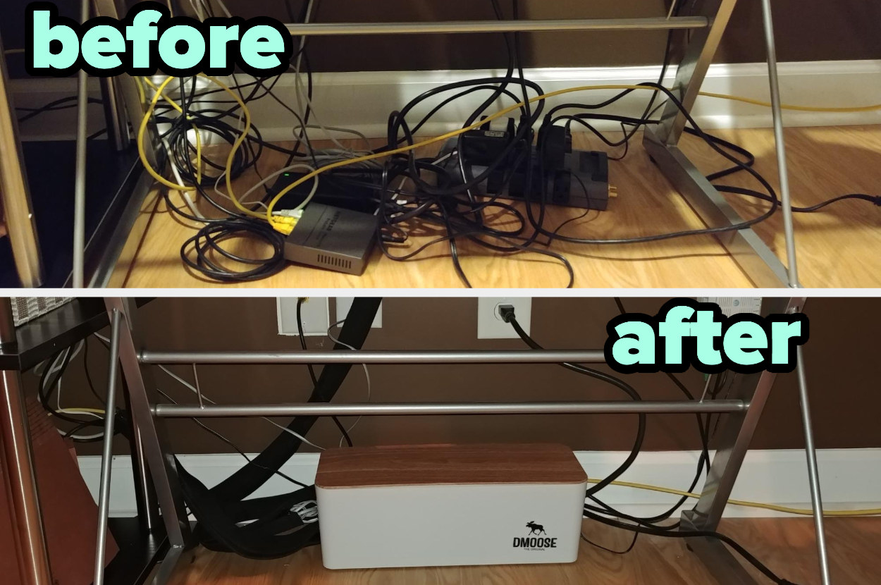 A reviewer photo of a before and after of messy cords on the top and them cleaned up in the organizer on the bottom