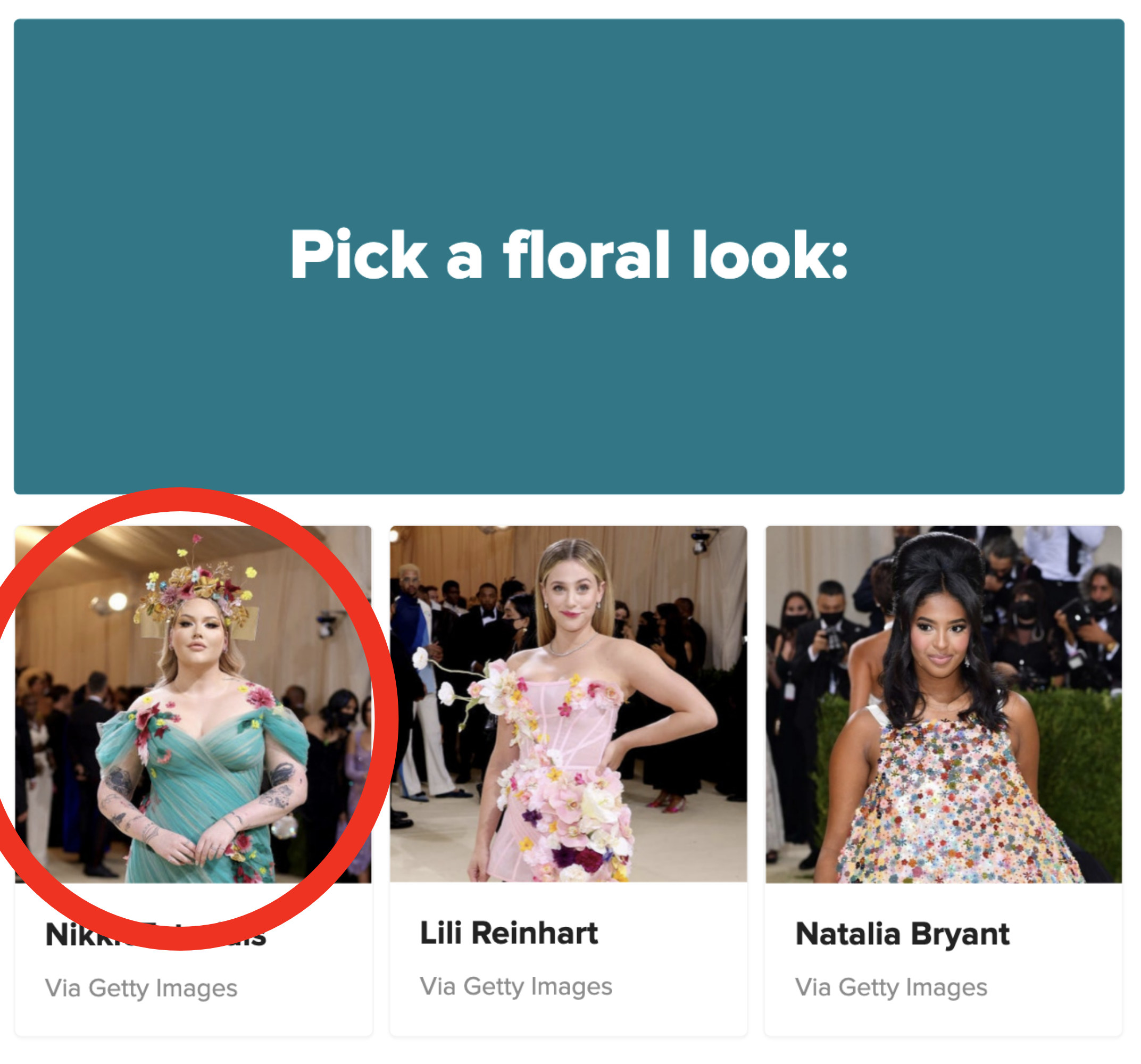 three different famous women in floral outfits with the first one circled