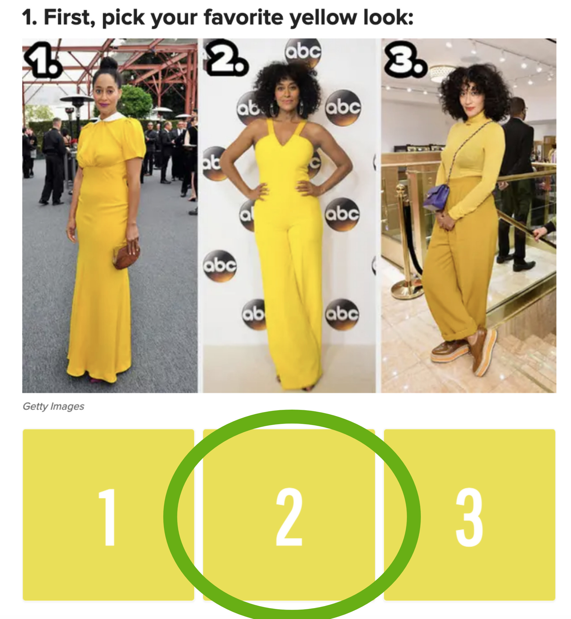 Three different looks from Tracee Ellis Ross with number 2 circled