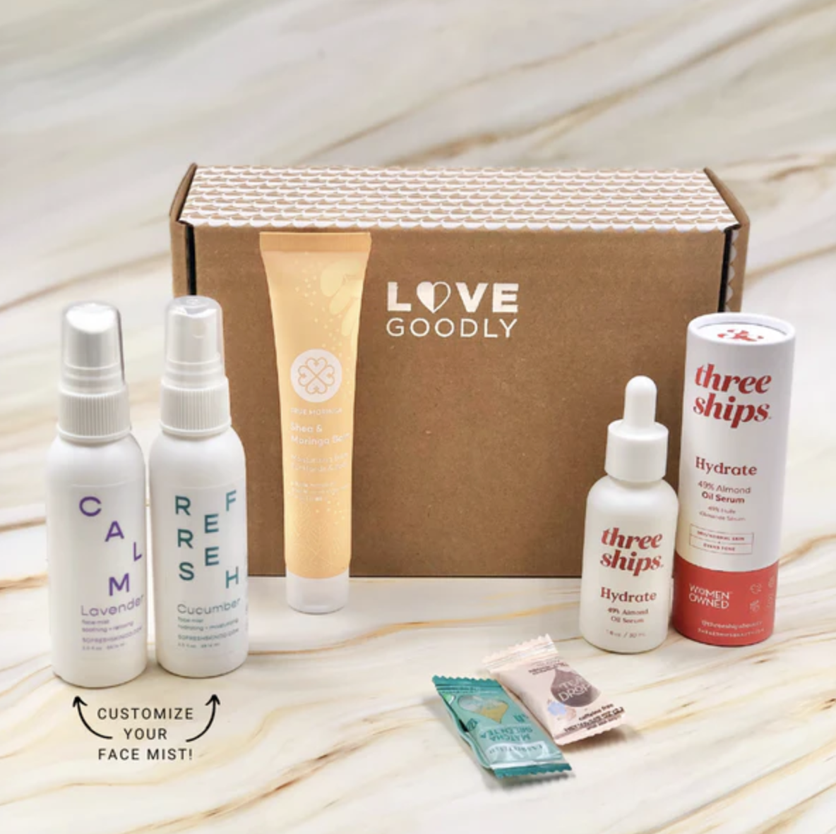 A Love Goodly box and the variety of beauty, skincare, and wellness products that come inside