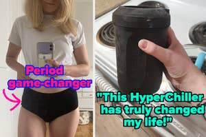 L: a reviewer wearing black underwear and text reading "Period game-changer", R: a reviewer hand holding a black container and a quote reading "This HyperChiller has truly changed my life!"