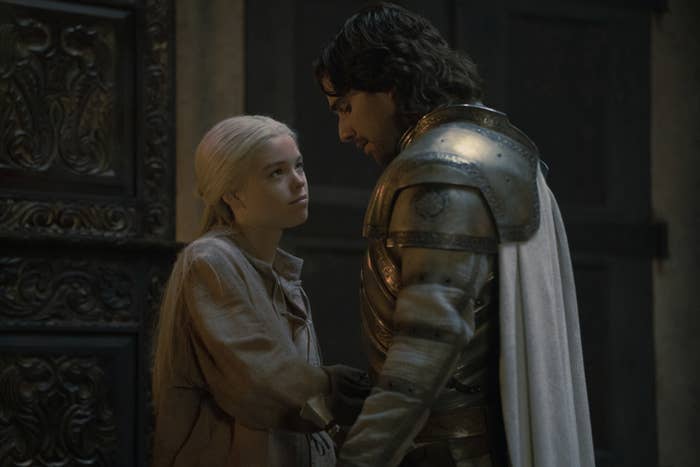 Ser Criston and Rhaenyra stand close together in her chambers
