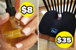 reviewer holding cuticle oil; reviewer's black butt cushion on a chair