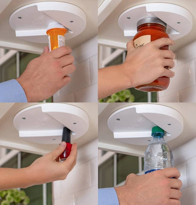 The lid opener being used to open a water bottle, nail polish, medicine and a jar