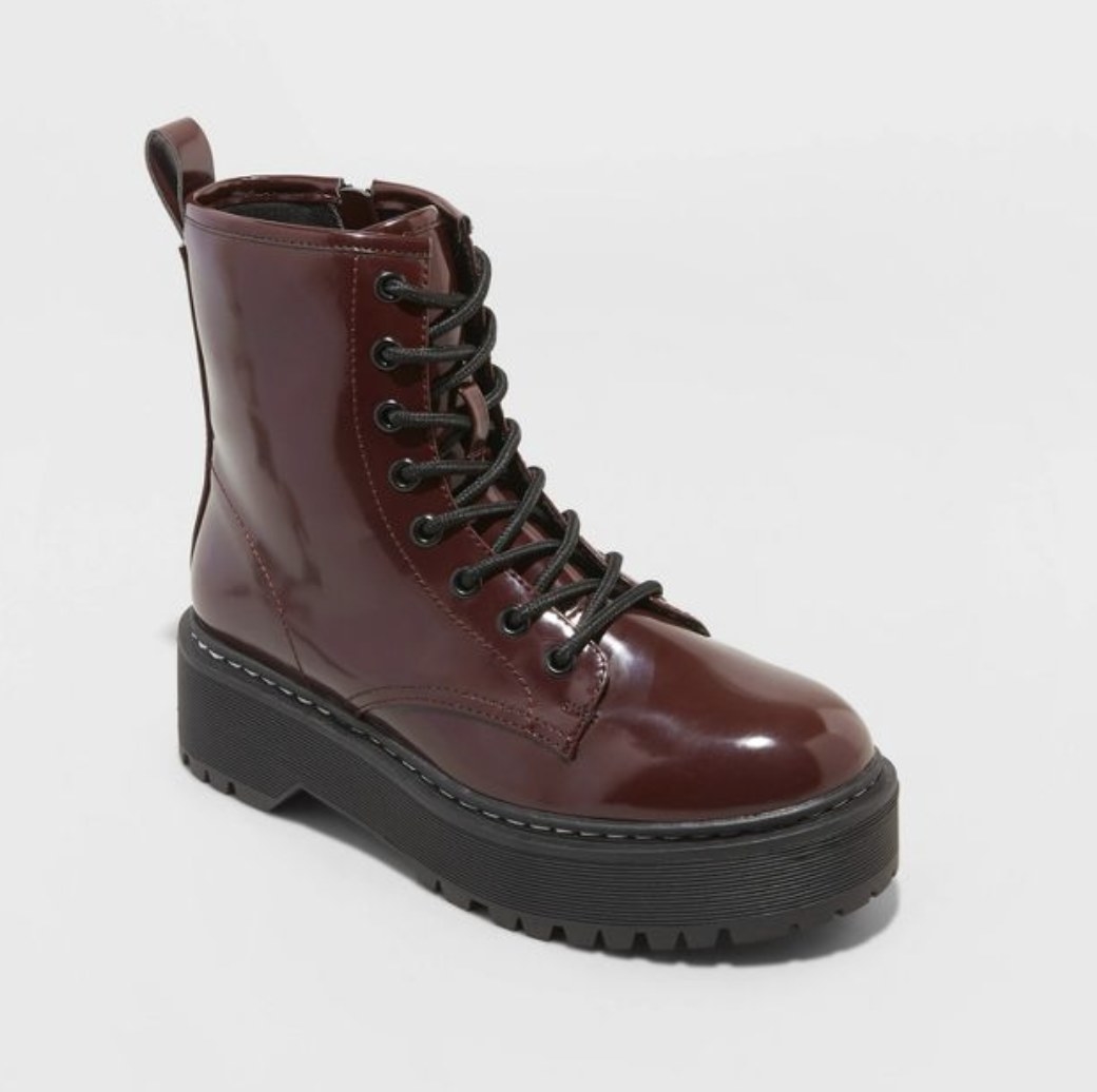 burgundy combat boots with a black lug sole