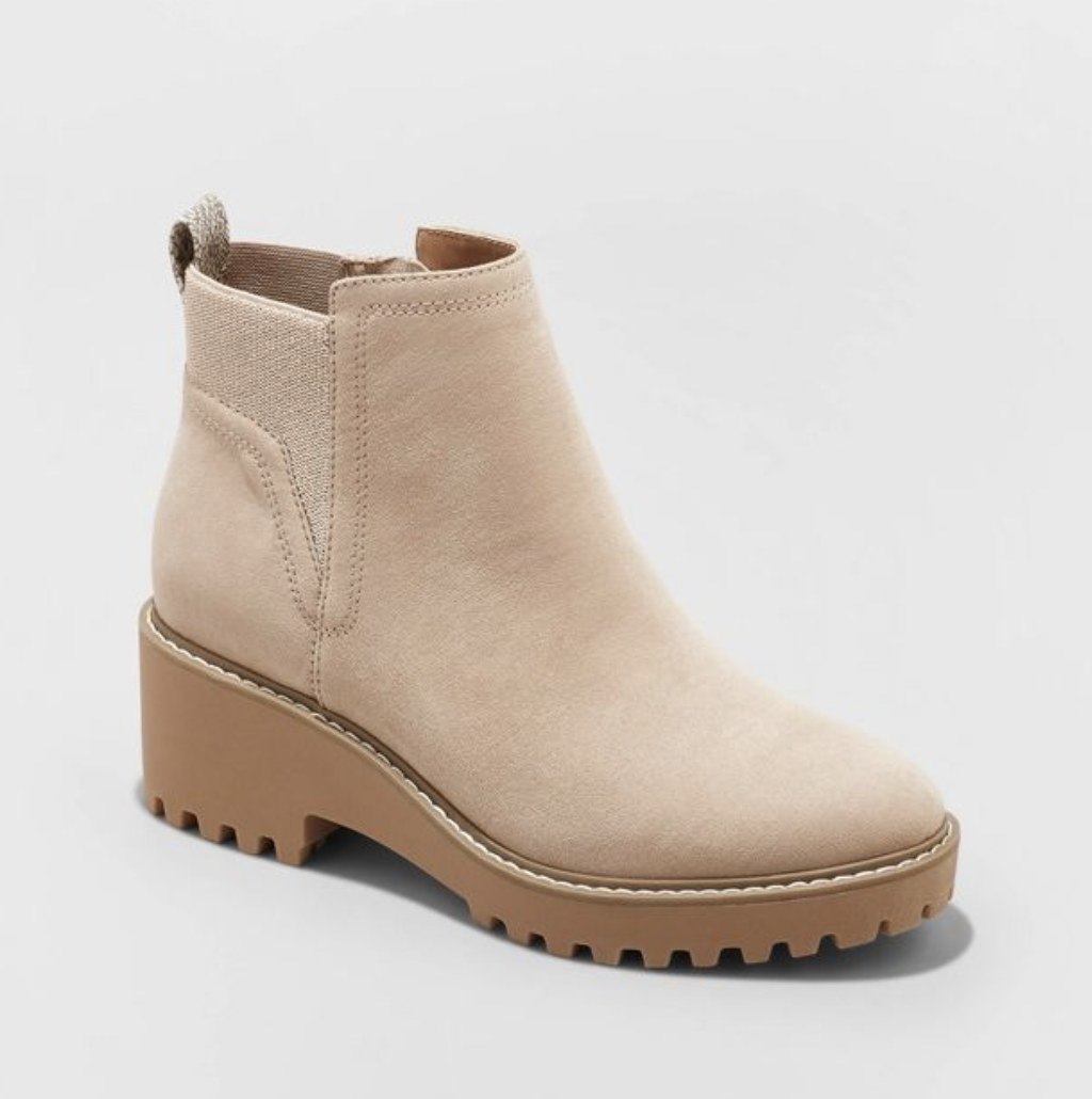 light tan suede boots with a rubber heel