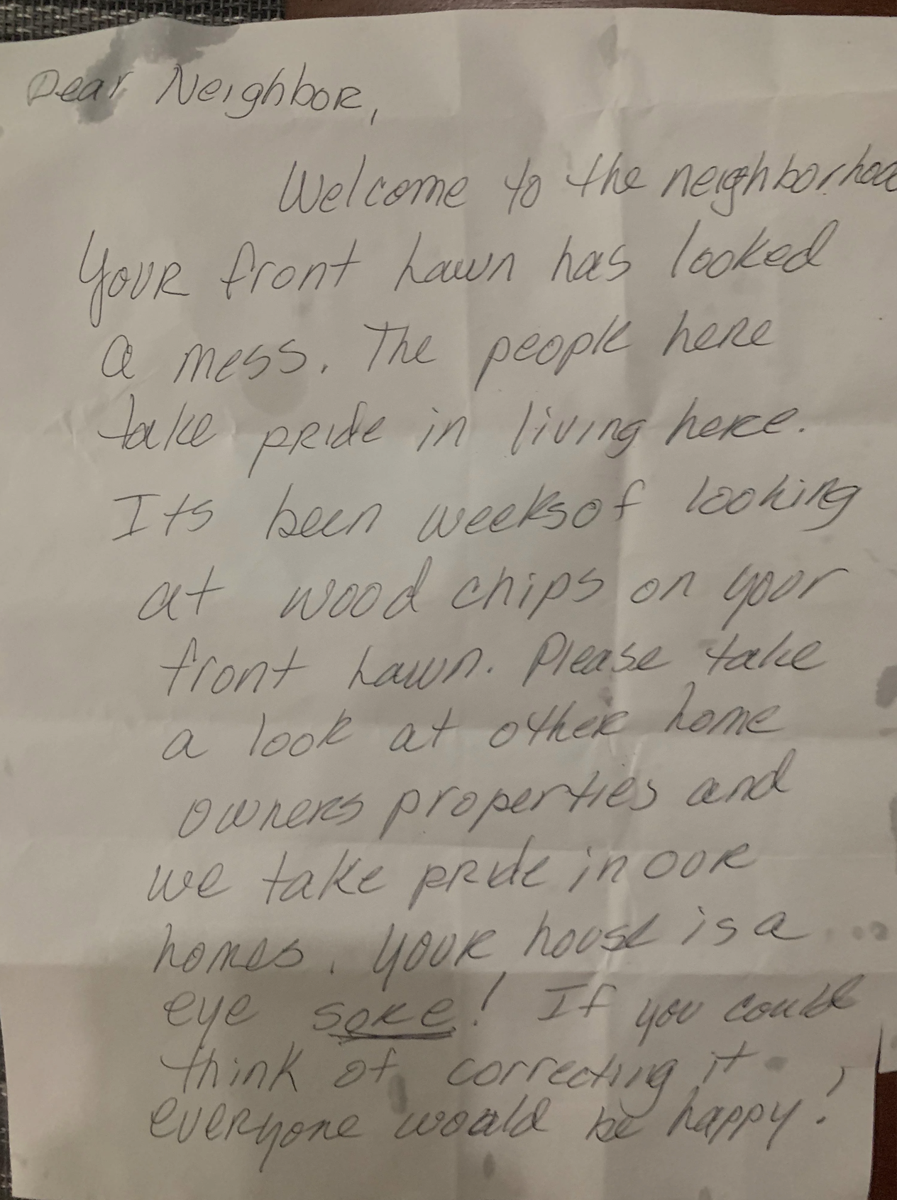 letter from a neighbor saying their yard looks ugly