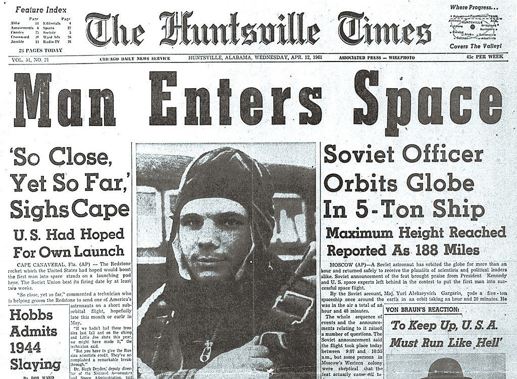 Soviet cosmonaut Yuri Gagarin the first man to travel into space hits the headline of the US paper The Huntsville Times on April 12 1961