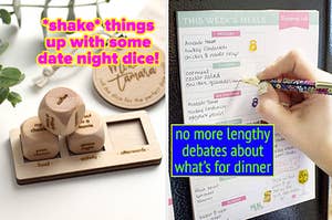 a set of wooden date night dice with text: *shake* things up with some date night dice! / hand holding a pen to a meal planning list with text: no more lengthy debates about what's for dinner