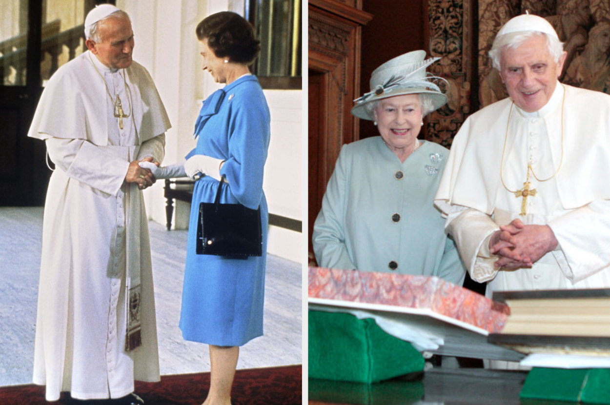 The Queen and Pope John Paul II shake hands at Buckingham Palace and the Queen talks with Pope Benedict XVI in the Morning Drawing Room at Holyrood House