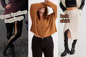 reviewer wearing faux leather leggings / model wearing sweater  / model wearing knit skirt