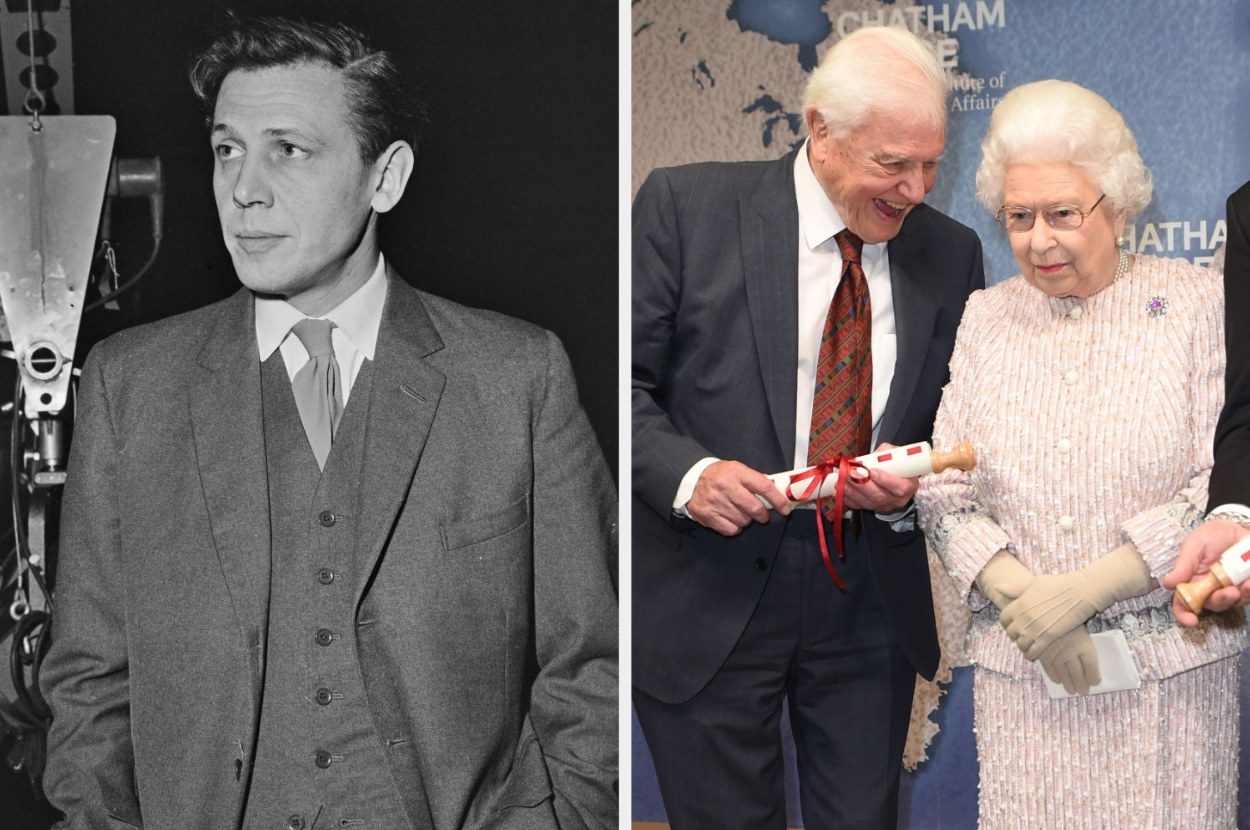 David attenborough young in a black and white photo and in a photo with the queen looking older