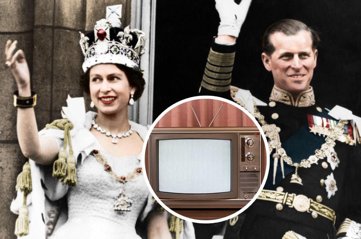 the queen on her coronation day with prince phillip and an old TV added on top in a circle