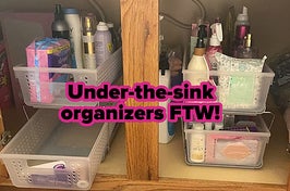 reviewer image of a pair of cabinet organizers under a bathroom sink and text that reads "under-the-sink organizers FTW"
