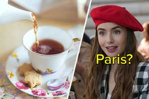 Tea being poured in a cup and a close up of Emily in a beret