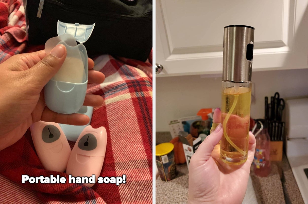 left image: hand soap portable sheets, right image: reusable olive oil dispenser
