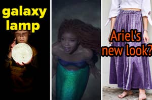 "Galaxy lamp" is written over a child on the left with Ariel in the center and "Ariel's new look?" written on a woman with a dress