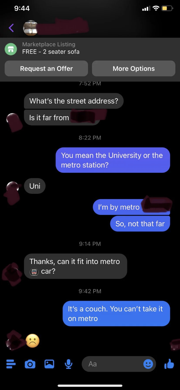 Person asks if a couch can fit into a subway car