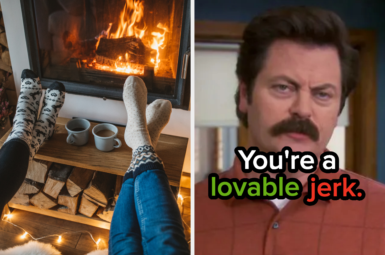 Two pairs of feet in fuzzy socks with mugs of hot chocolate between them and a close up of Ron Swanson
