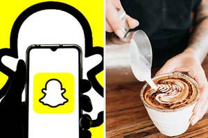 左边是Snapchat的logo，右边是一个倒咖啡的男人