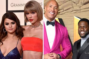 Selena Gomez stands with Taylor Swift and Dwayne Johnson stands with Kevin Hart