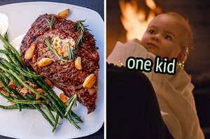 On the left, a steak with a side of asparagus, and on the right, Baby Renesmee from Twilight labeled one kid