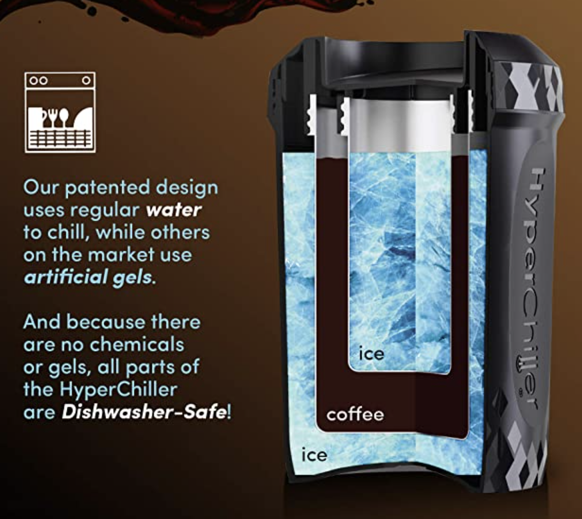 A diagram of the inside of the Hyper Chiller showing where the coffee sits and the two layers of ice around it