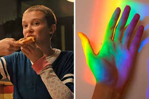 On the left, Eleven from Stranger Things eating a slice of pizza, and on the right, a rainbow reflecting onto someone's hand
