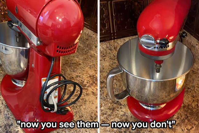 The back of a red Kitchen Aid mixer with the cords wrapped up in this organizer / the front of the same mixer and you can't see the cords. Labeled 