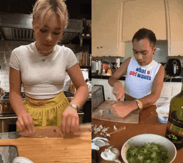 Side by side GIFs of Florence calmly chopping garlic and the writer getting frustrated while failing to do the same