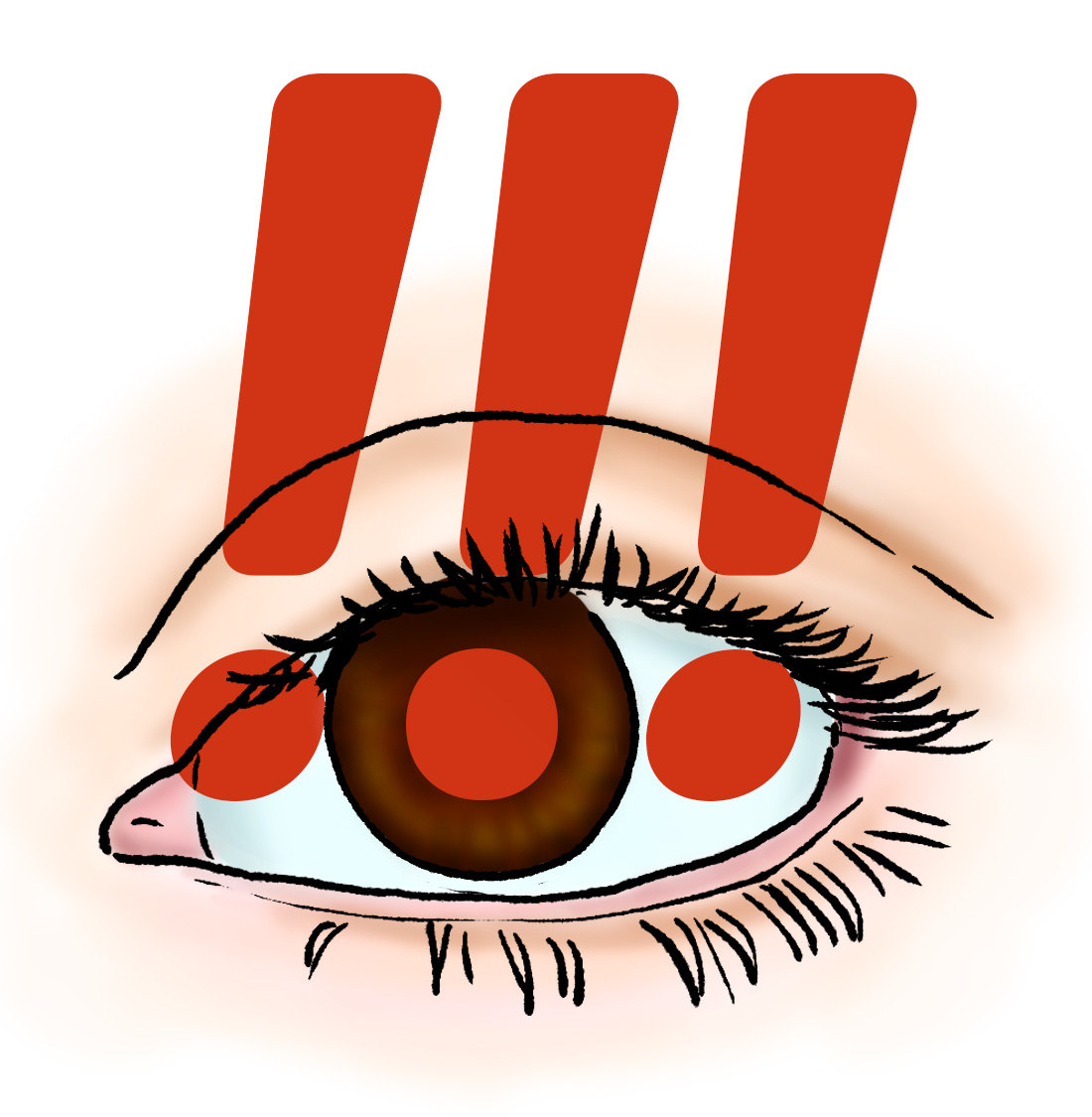 An illustration of an eye with three exclamation points over top. The point of the middle exclamation point is replacing the pupil