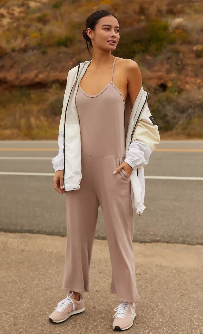 model wearing beige breezy jumpsuit