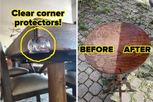 on the left a clear corner protector on the corner of a table; on the right a table that's half distressed and half conditioned