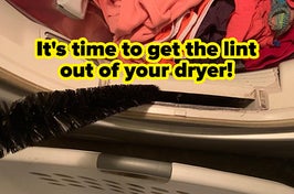 before reviewer image of a vent cleaner and text that reads "it's time to get the lint out of your dryer"