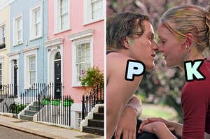 On the left, some colorful homes on a street, and on the right, Patrick and Kat from 10 Things I Hate About You leaning into kiss