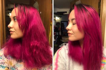 on left, reviewer with slightly frizzy long pink hair. on right, same reviewer with less frizzy and smoother hair after using the treatment above