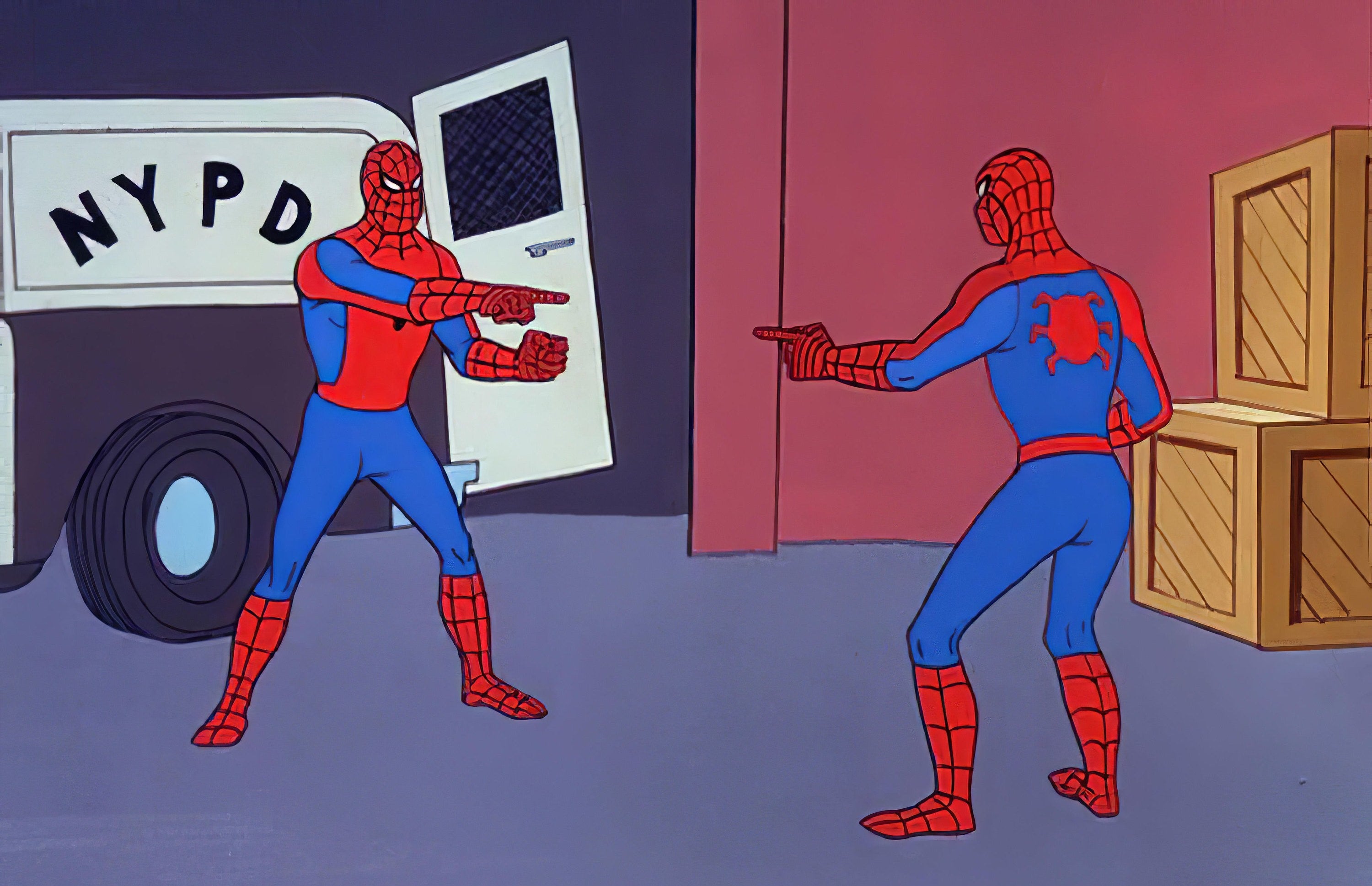 Two Spider-Men looking pointing at one another