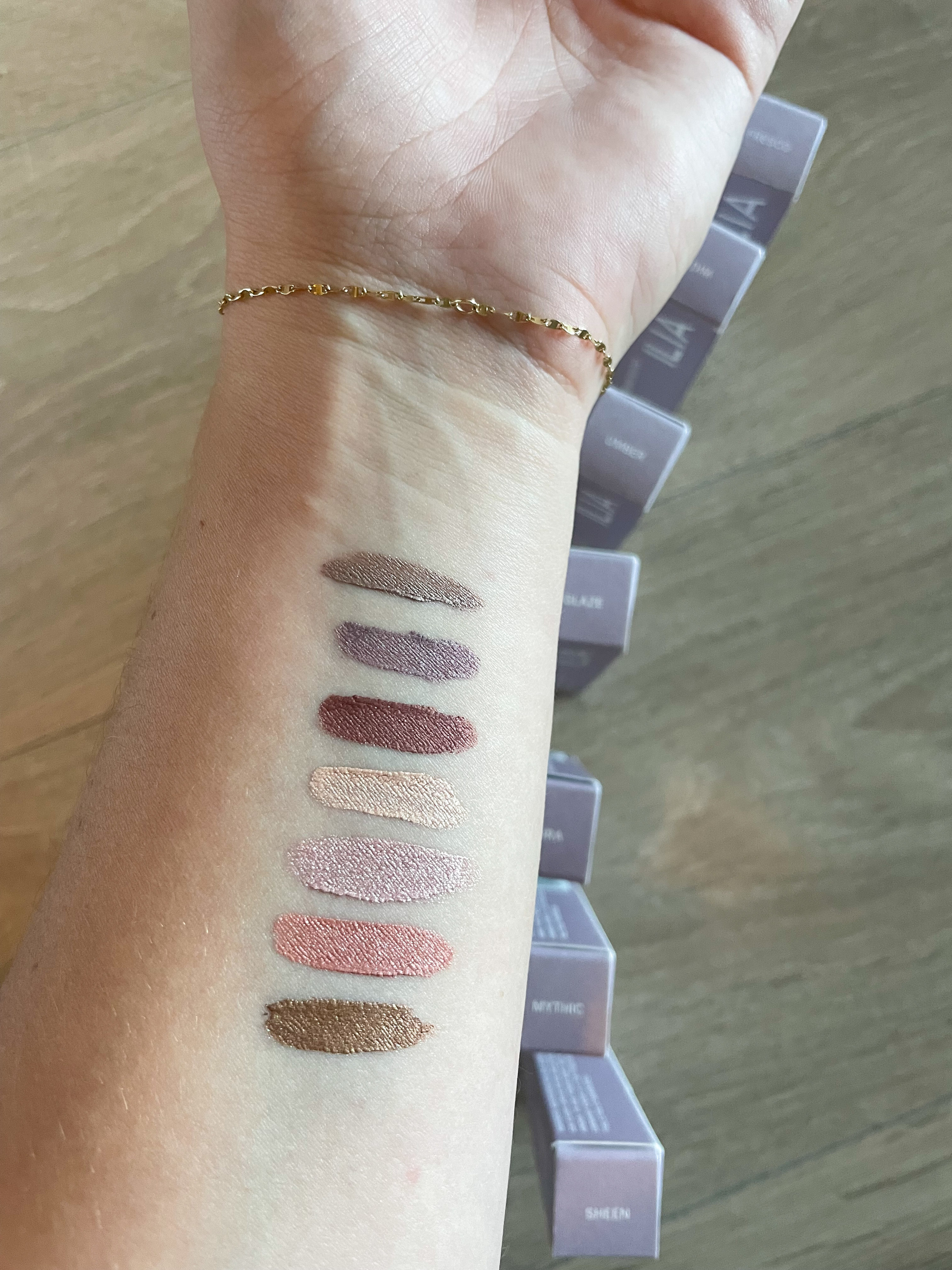 swatches of the cream eyeshadows on victoria&#x27;s arm
