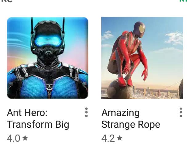 apps called Ant Hero (like Ant Man) and Amazing Strange Rope (who looks like Spider-Man)