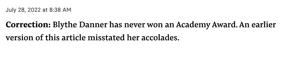 更正:布莱斯丹纳从来没有获得奥斯卡奖。这篇文章的早期版本讲述她的荣誉。