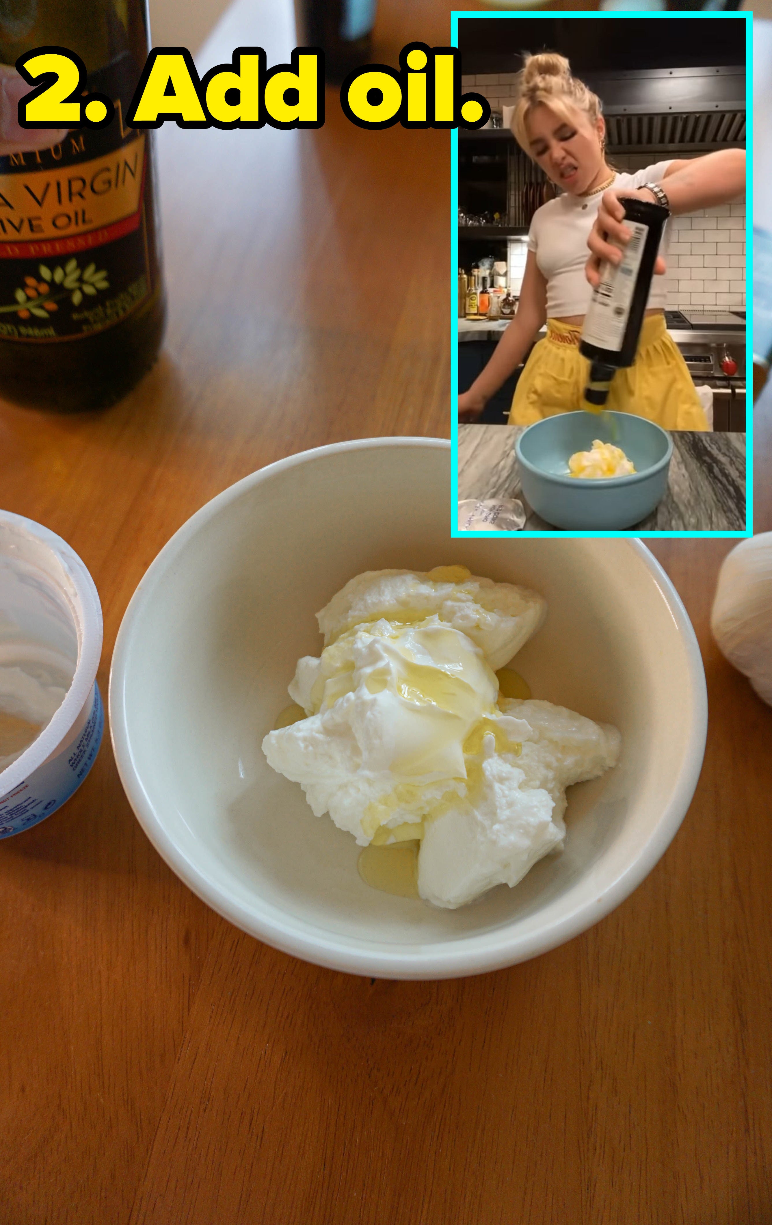 yogurt with olive oil next to a picture of Florence Pugh pouring oil in her yogurt