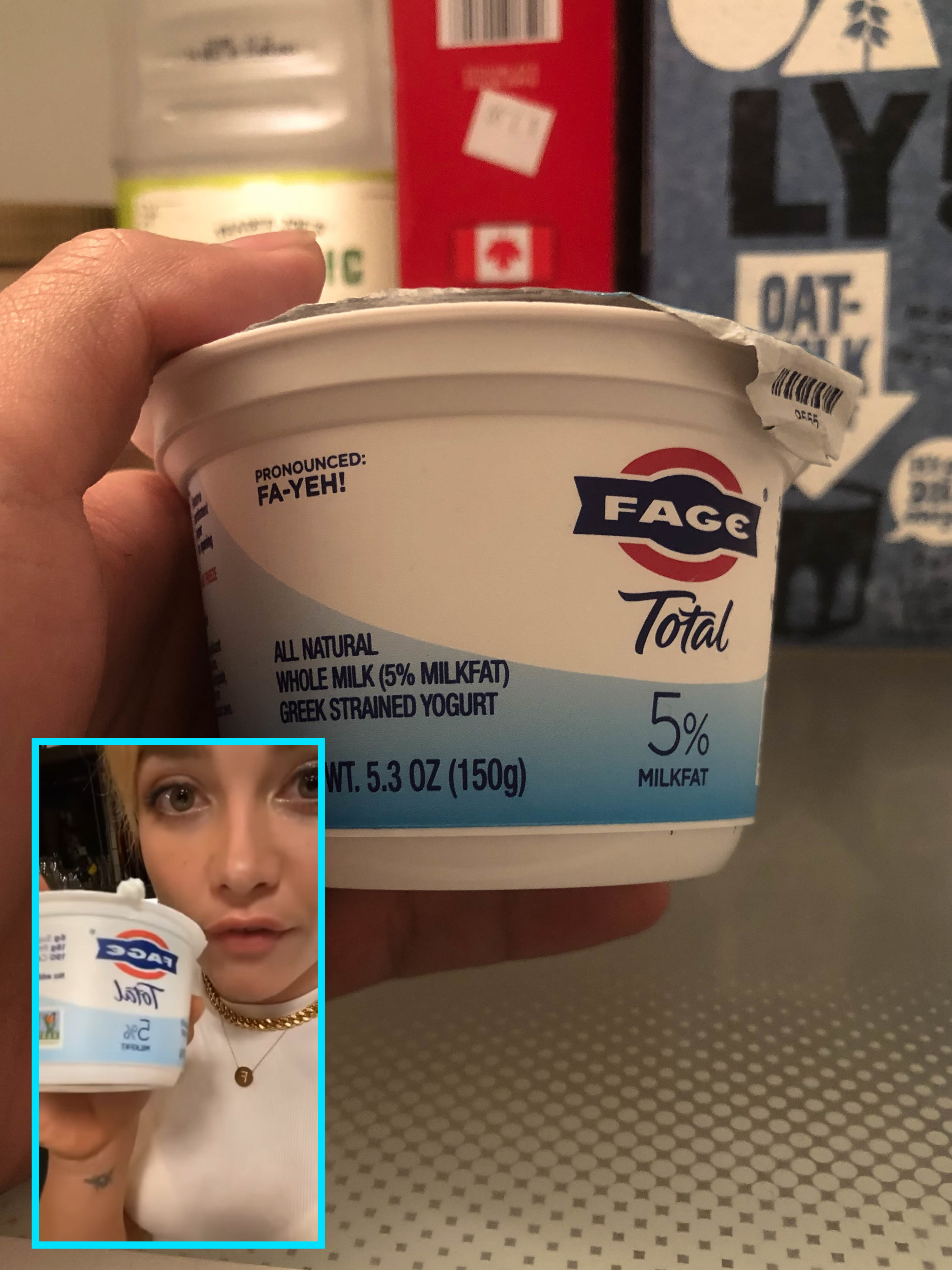 whole milk yogurt next to a photo of Florence Pugh holding the same yogurt