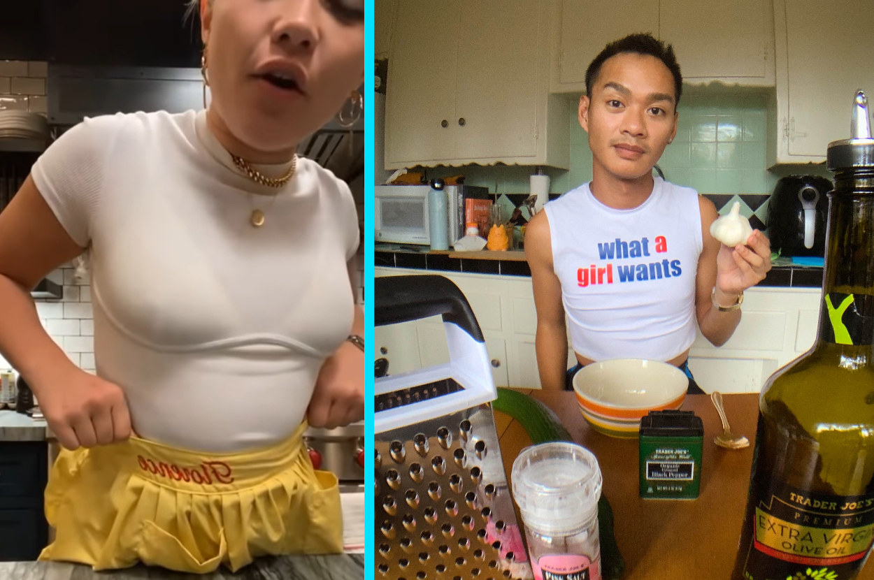 (left) florence pugh wearing apron (right) author