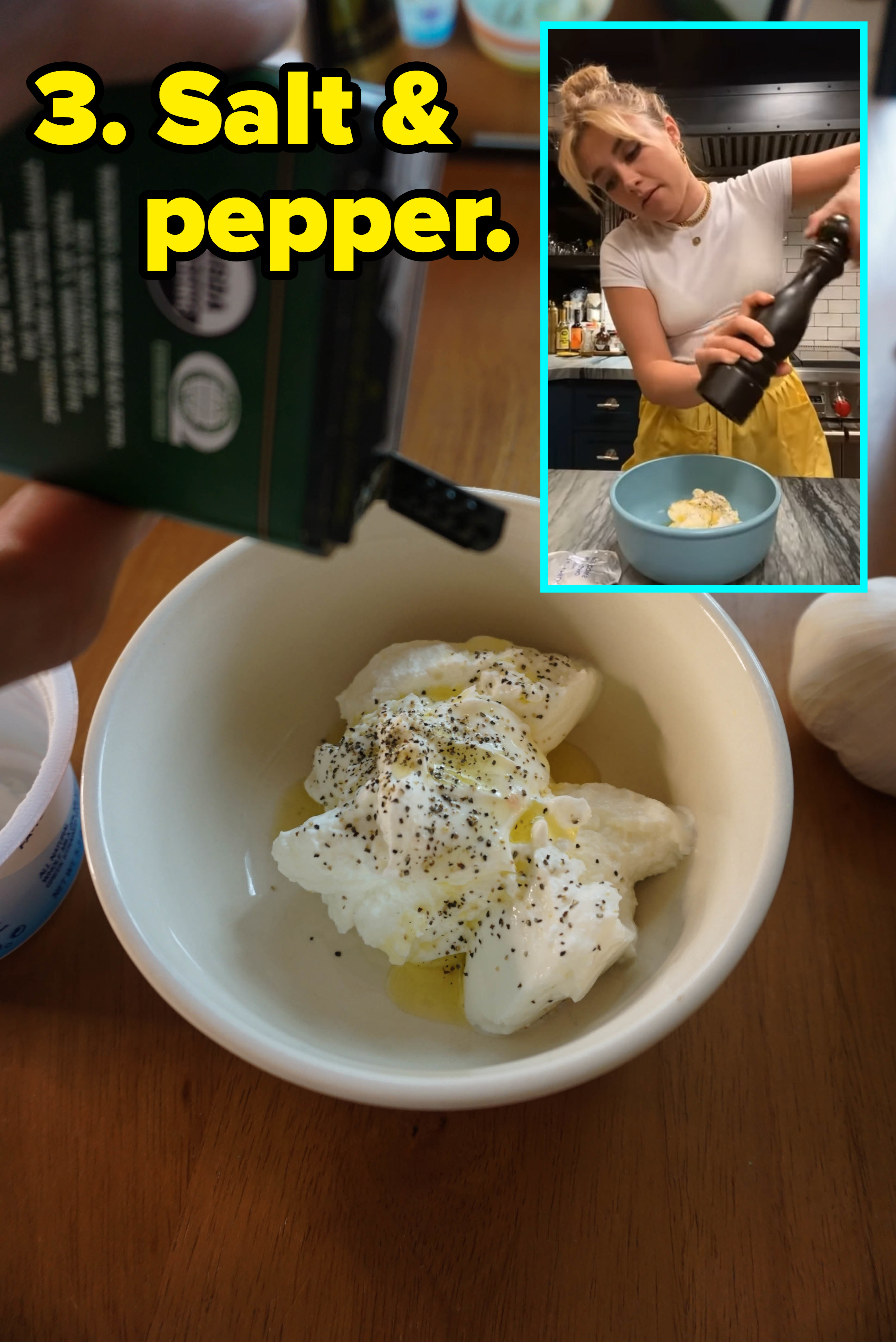 putting pepper on yogurt next to a photo of Florence Pugh peppering her yogurt