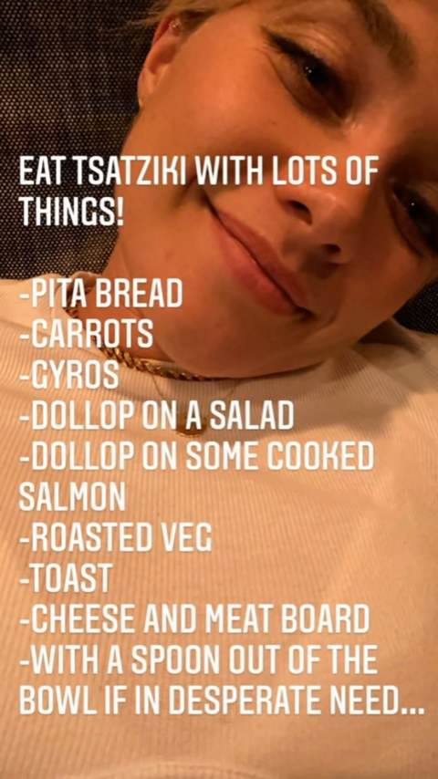 florence pugh&#x27;s suggested pairings with tzatziki, which include pita bread, carrots, gyros, salad, salmon, roasted veggies, toast, and a cheese and meat board